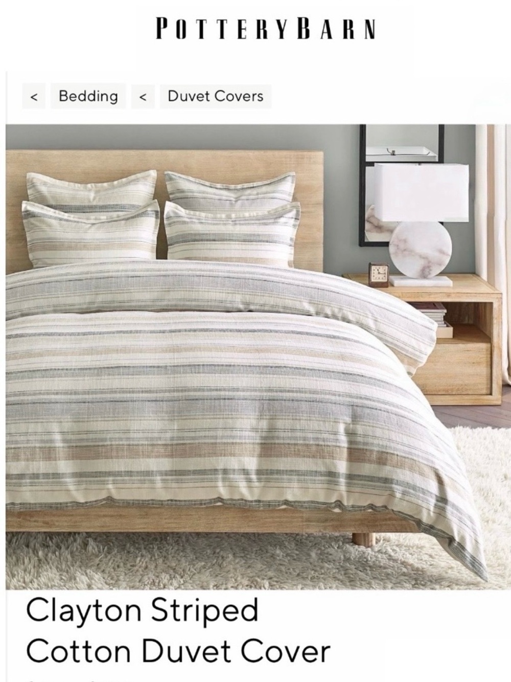 Pottery Barn Clayton Striped Cotton Duvet Cover Neutral Queen Size Minimalist